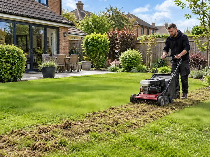Professional lawn scarification treatment removing moss and thatch from a domestic lawn